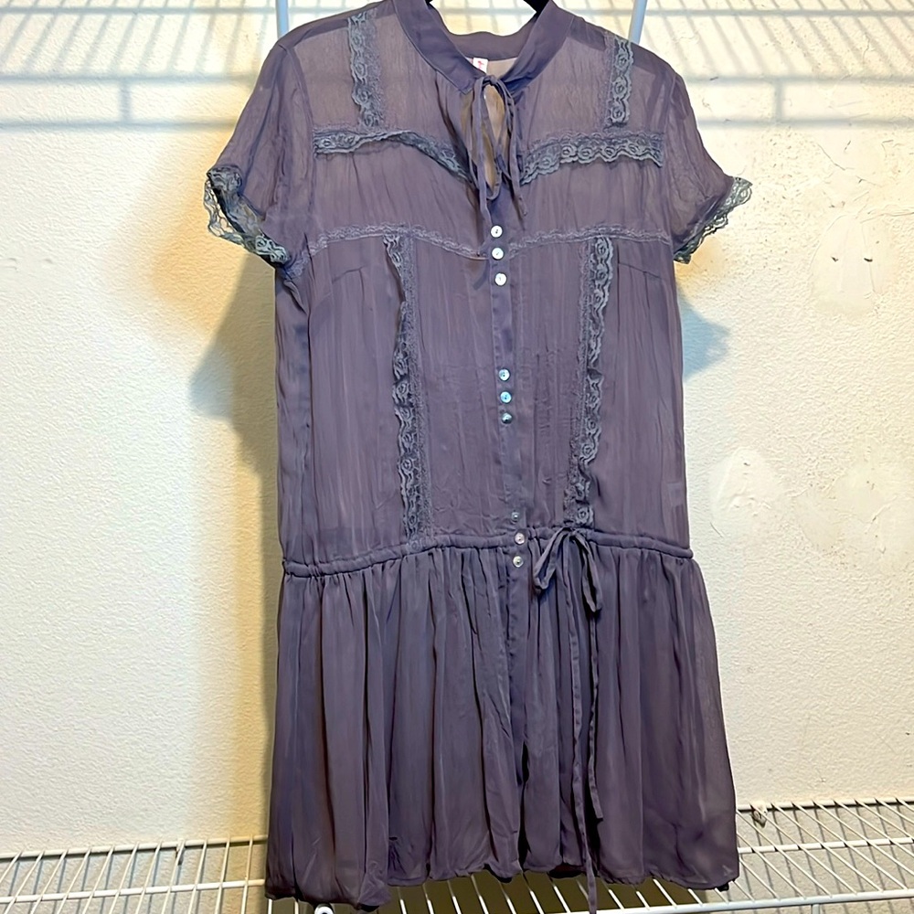 Xhilaration sheer purple mauve midi tunic w/ lace detail & tie closure neck